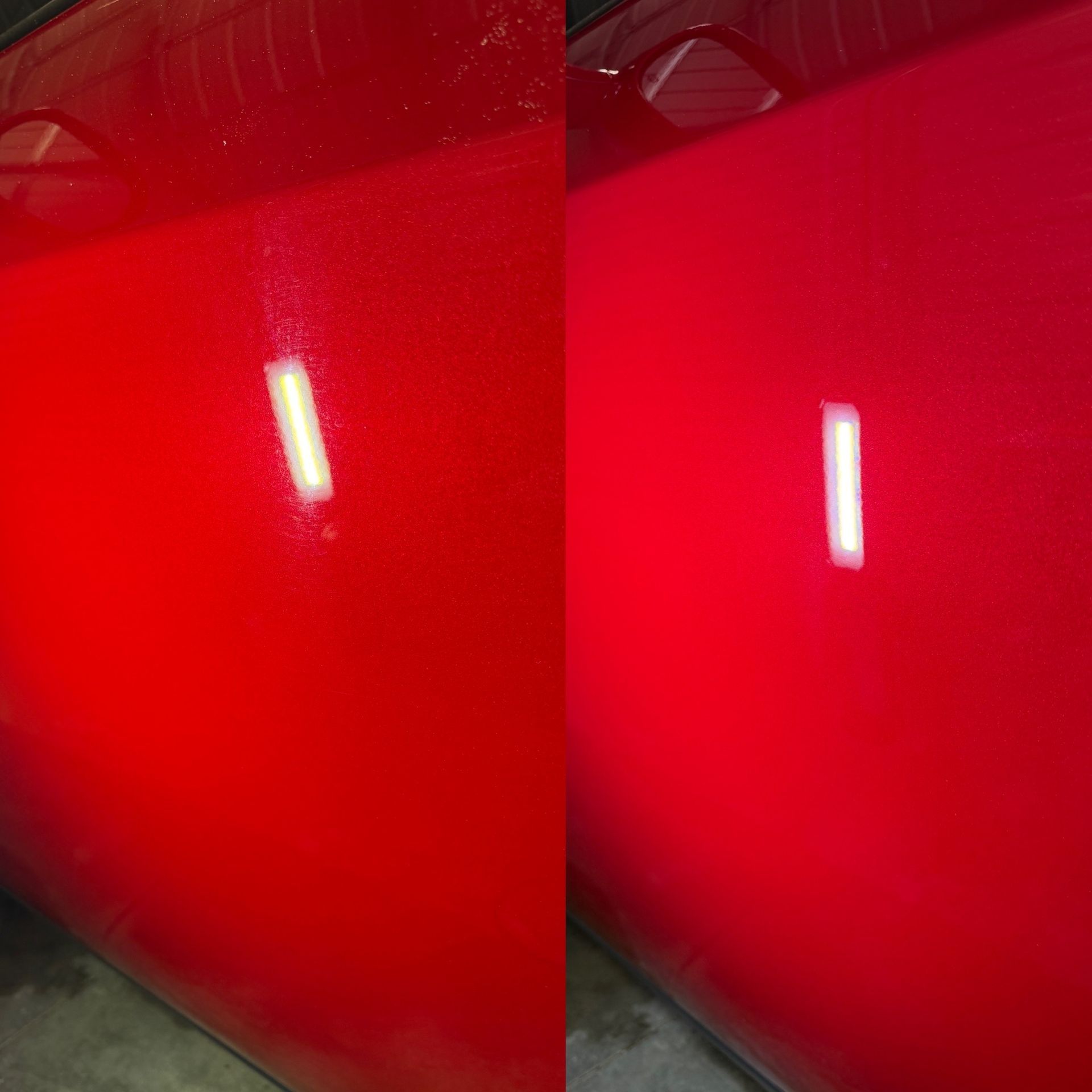 A side-by-side comparison of a car's red paint finish, showing a hazy, swirled surface before polishing and a clear, smooth finish after.