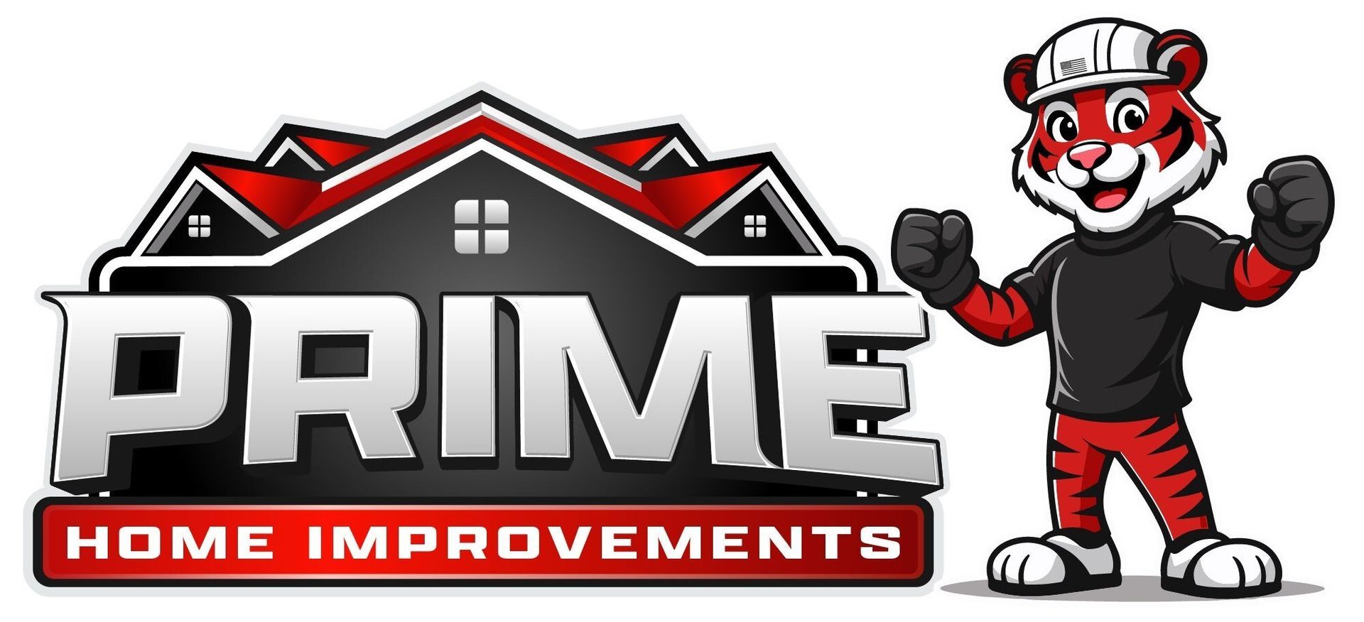 Logo for Prime Home Improvements: house with red roof and smiling tiger mascot wearing a hard hat.