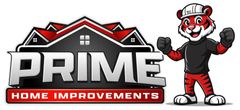 Logo for Prime Home Improvements: house with red roof and smiling tiger mascot wearing a hard hat.