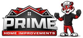 Logo for Prime Home Improvements: house with red roof and smiling tiger mascot wearing a hard hat.