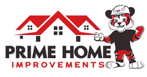 Logo for Prime Home Improvements: house with red roof and smiling tiger mascot wearing a hard hat.