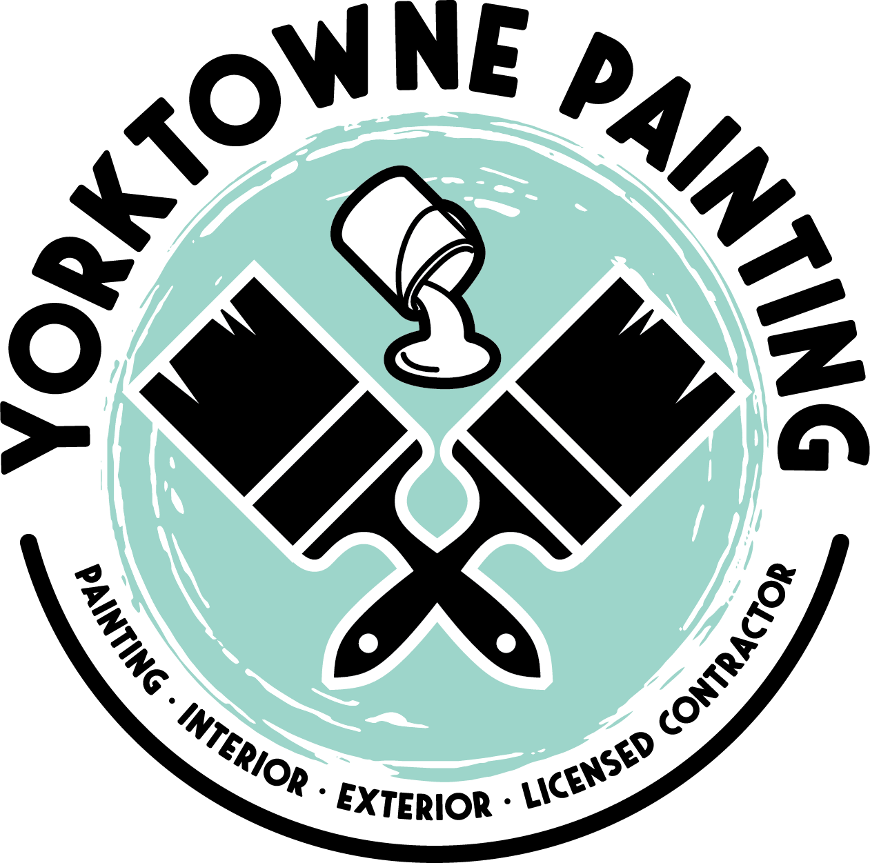 Yorktowne Painting logo: crossed paintbrushes, paint can spilling, teal circle, black text.