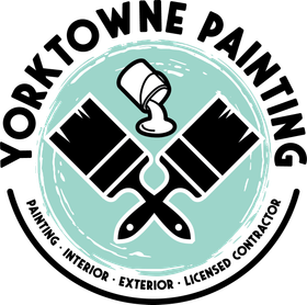 Yorktowne Painting logo: crossed paintbrushes, paint can spilling, teal circle, black text.