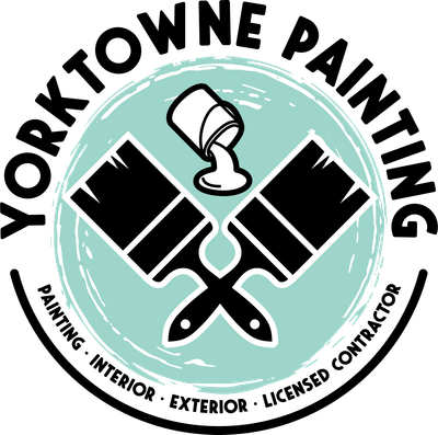 Yorktowne Painting logo: crossed paintbrushes, paint can spilling, teal circle, black text.