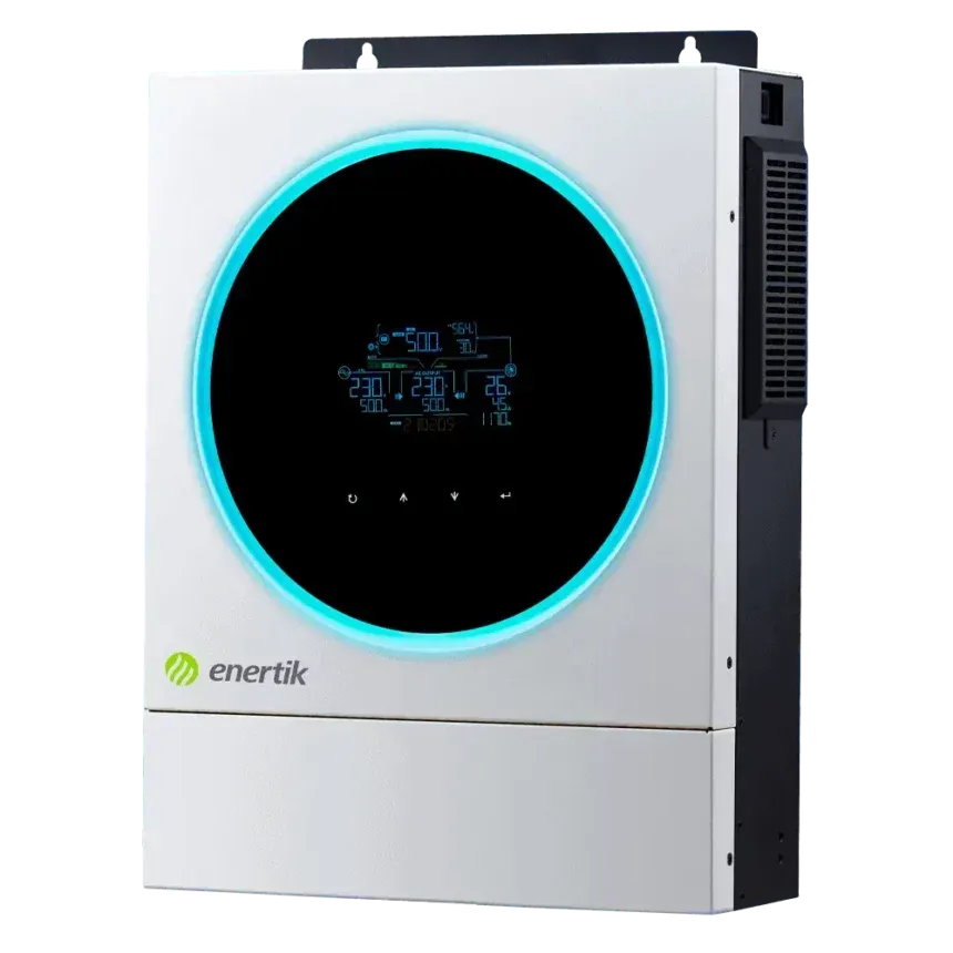 Inversor solar blanco y negro con un anillo azul brillante y pantalla, etiquetado como 