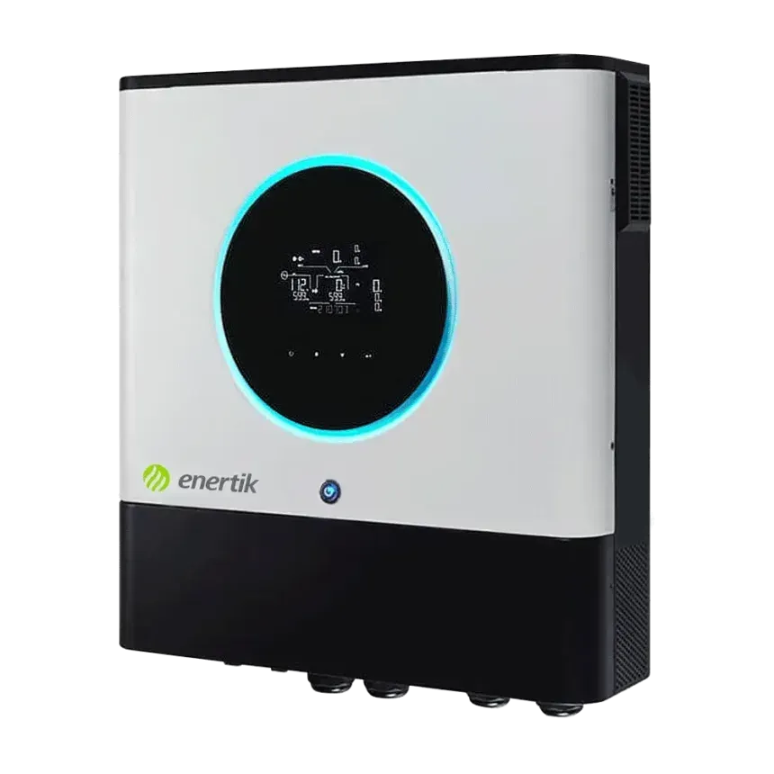 Inversor solar blanco y negro con pantalla digital y detalles azules.