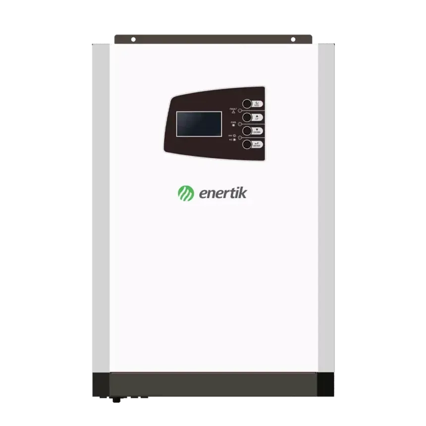 Inversor solar Enerktik blanco con pantalla y botones.