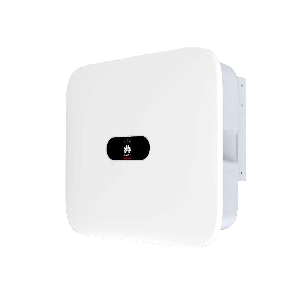 Inversor solar Huawei blanco con panel central negro, montado en la pared.