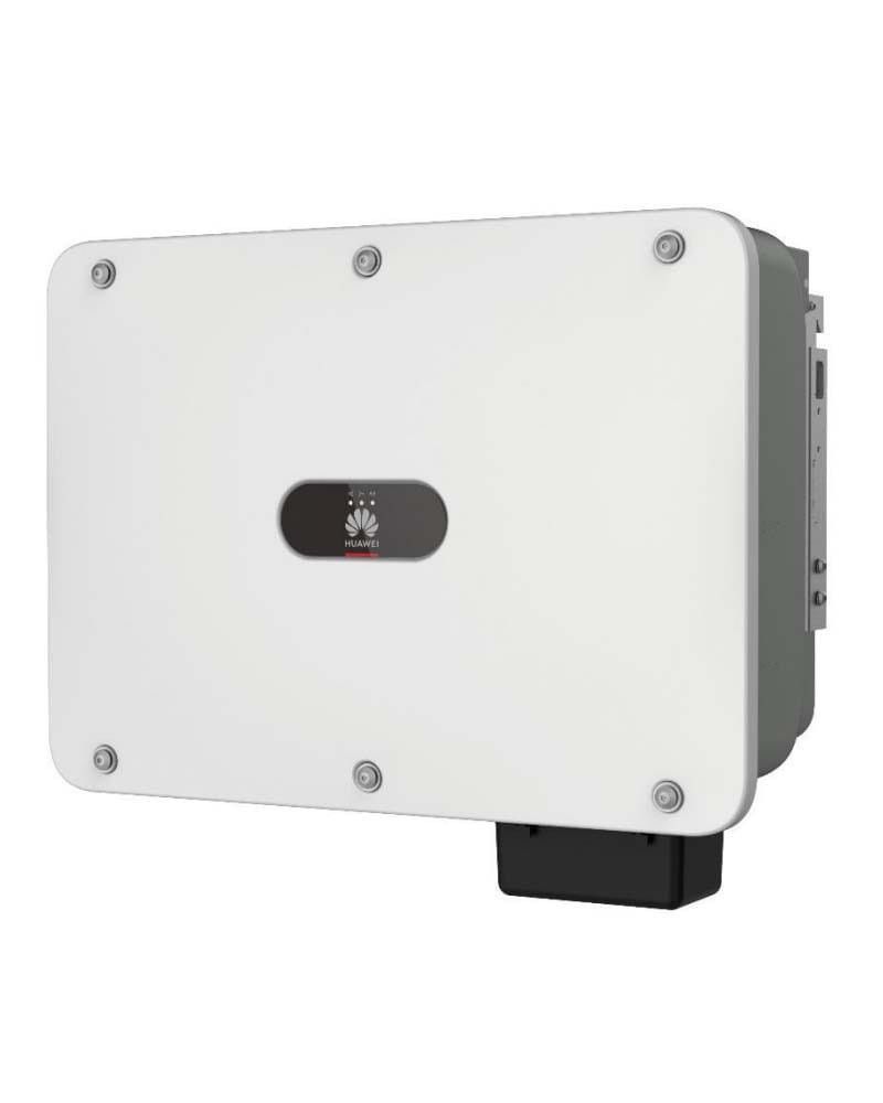 Inversor solar Huawei blanco con puerto negro, montado en la pared.
