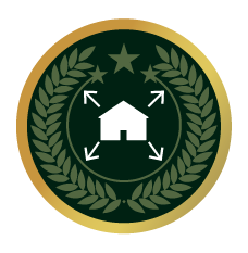 Gold-bordered emblem with laurel leaves, a house with arrows, and stars on a dark green background.