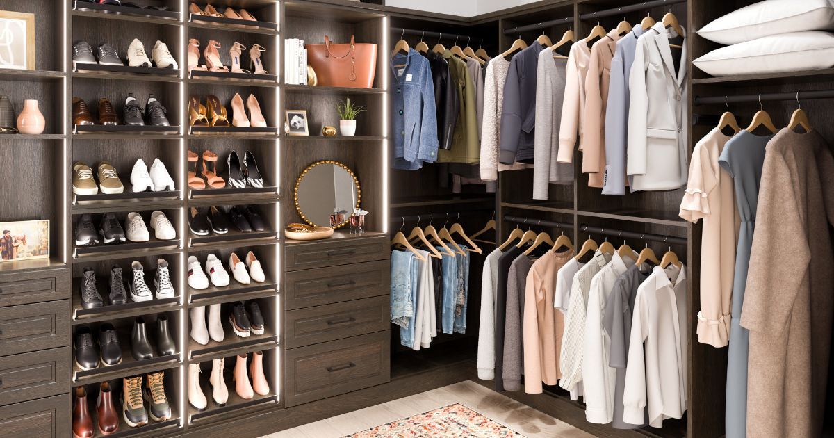 a walk in closet with lagoon cabinets and white shelves .