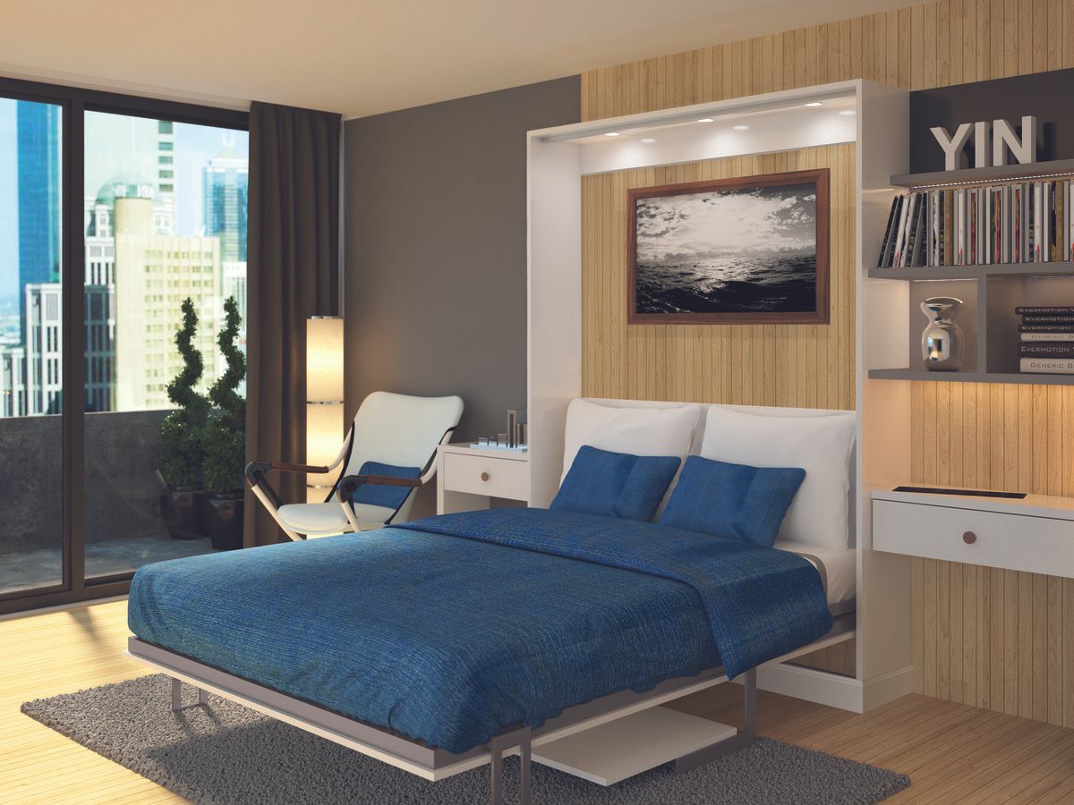 A bedroom with a blue bed