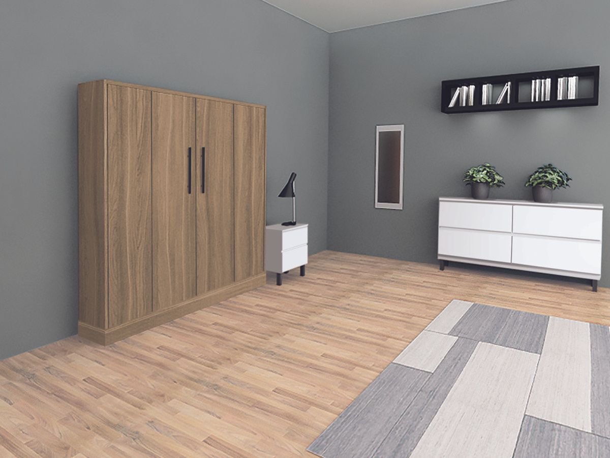 A living room with a wardrobe , dresser , nightstand and rug.