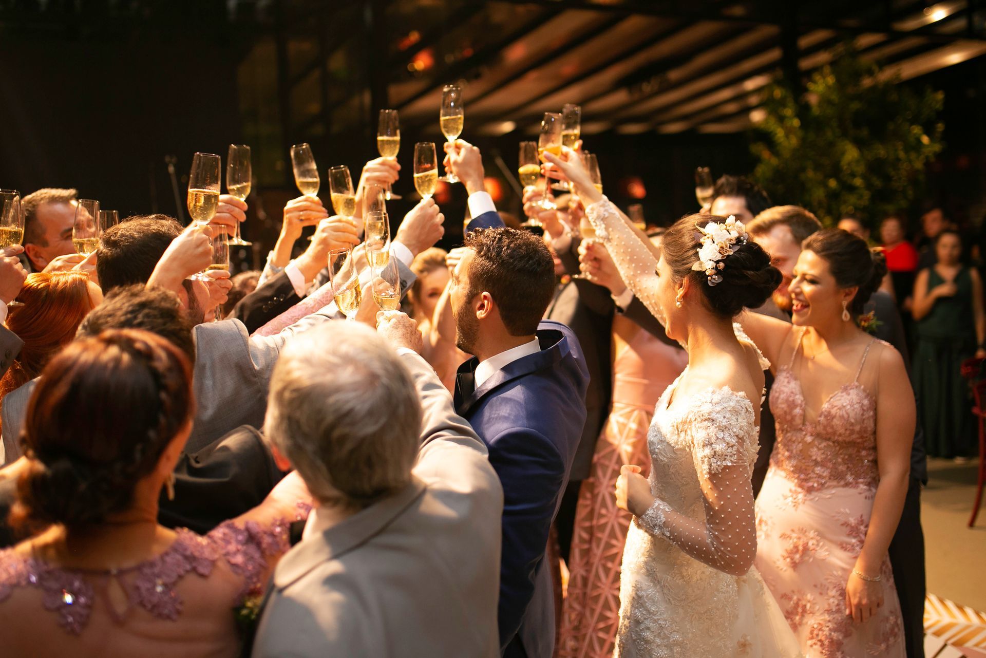 Wedding guests raise champagne glasses in a toast, festive atmosphere.