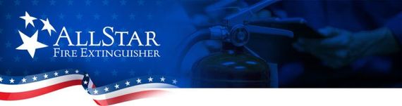 Banner for AllStar Fire Extinguisher, with stars, American flag colors, and blurred fire extinguisher.