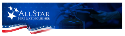 Banner for AllStar Fire Extinguisher, with stars, American flag colors, and blurred fire extinguisher.