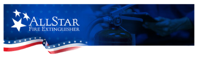 Banner for AllStar Fire Extinguisher, with stars, American flag colors, and blurred fire extinguisher.