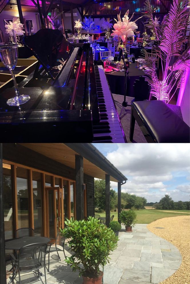 A picture of a piano and a picture of a venue outside