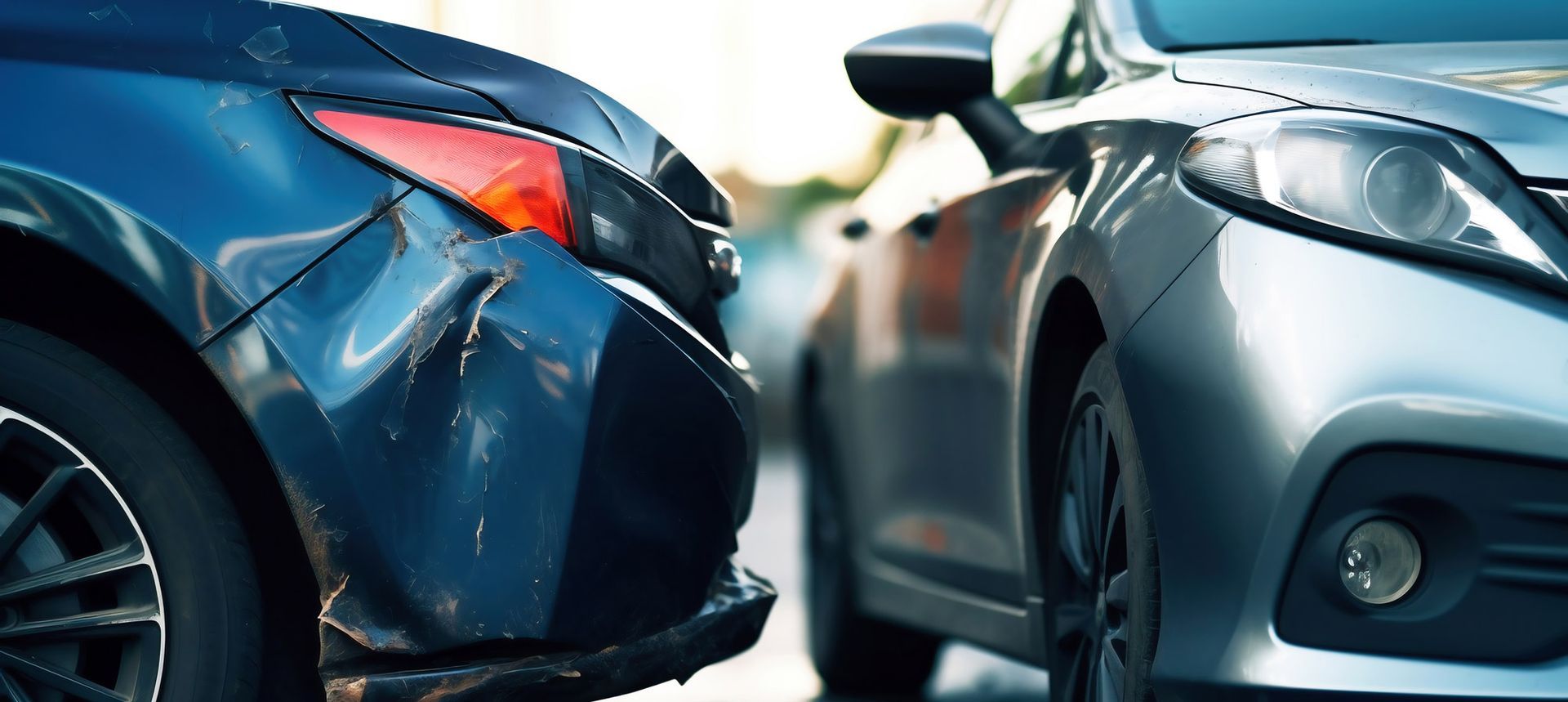 Two cars, one blue, one silver, after a collision. The blue car has visible damage to the front.