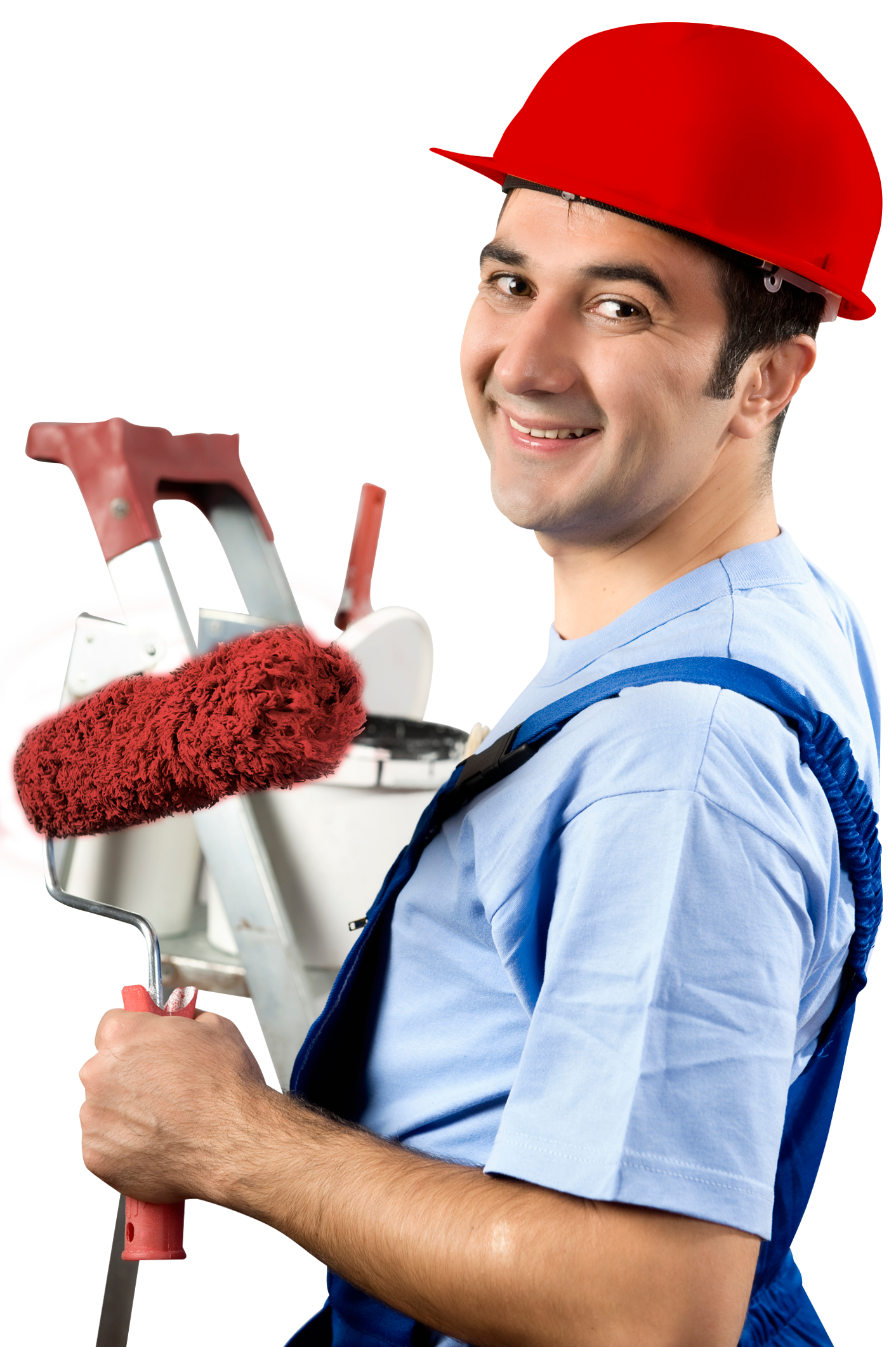 A man wearing a red hard hat is holding a paint roller