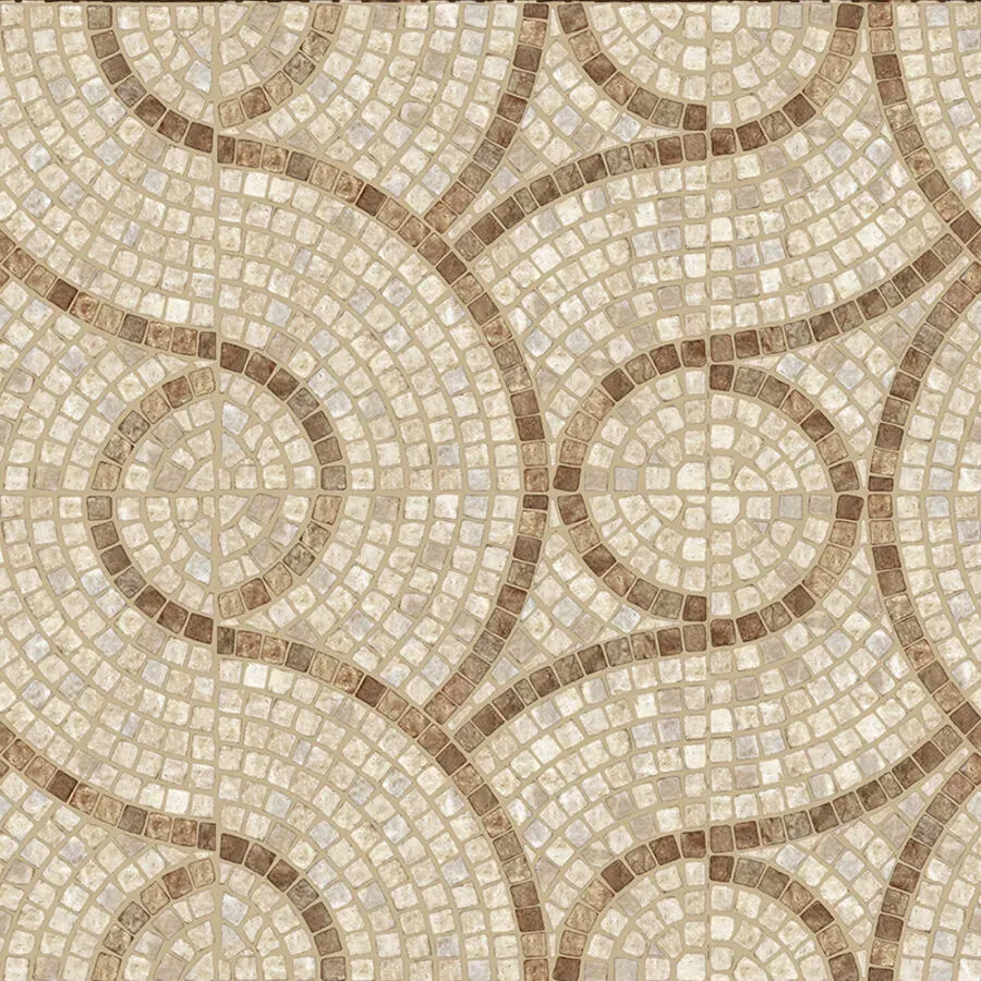 A close up of a mosaic tile floor with a circular pattern.