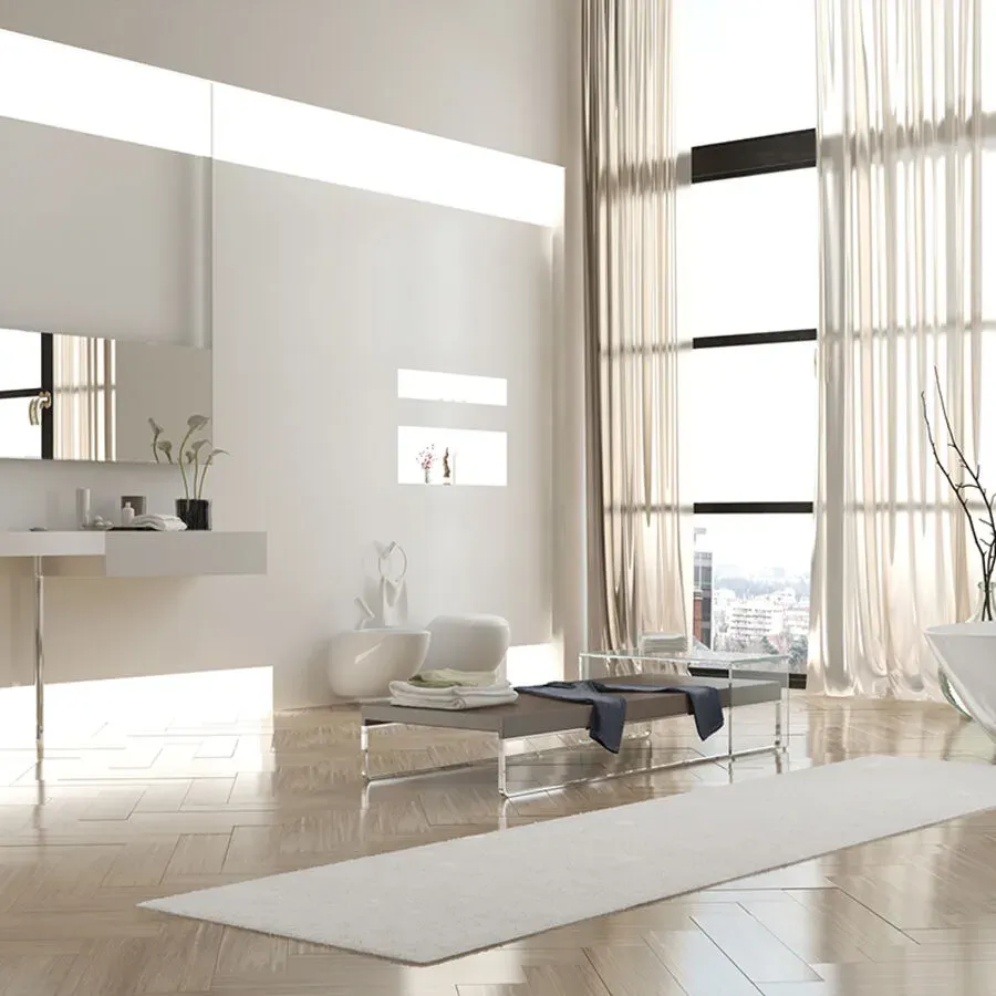 A bathroom with a sink and a large window