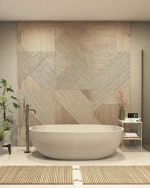 A bathroom with a bathtub and a wooden wall.