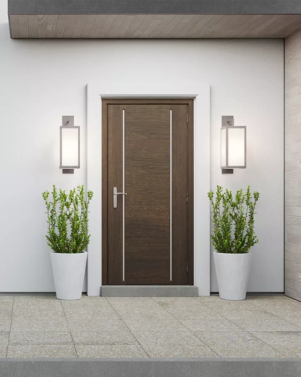 A door with two potted plants in front of it