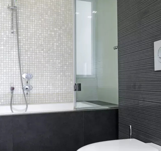 A bathroom with a toilet a bathtub and a shower