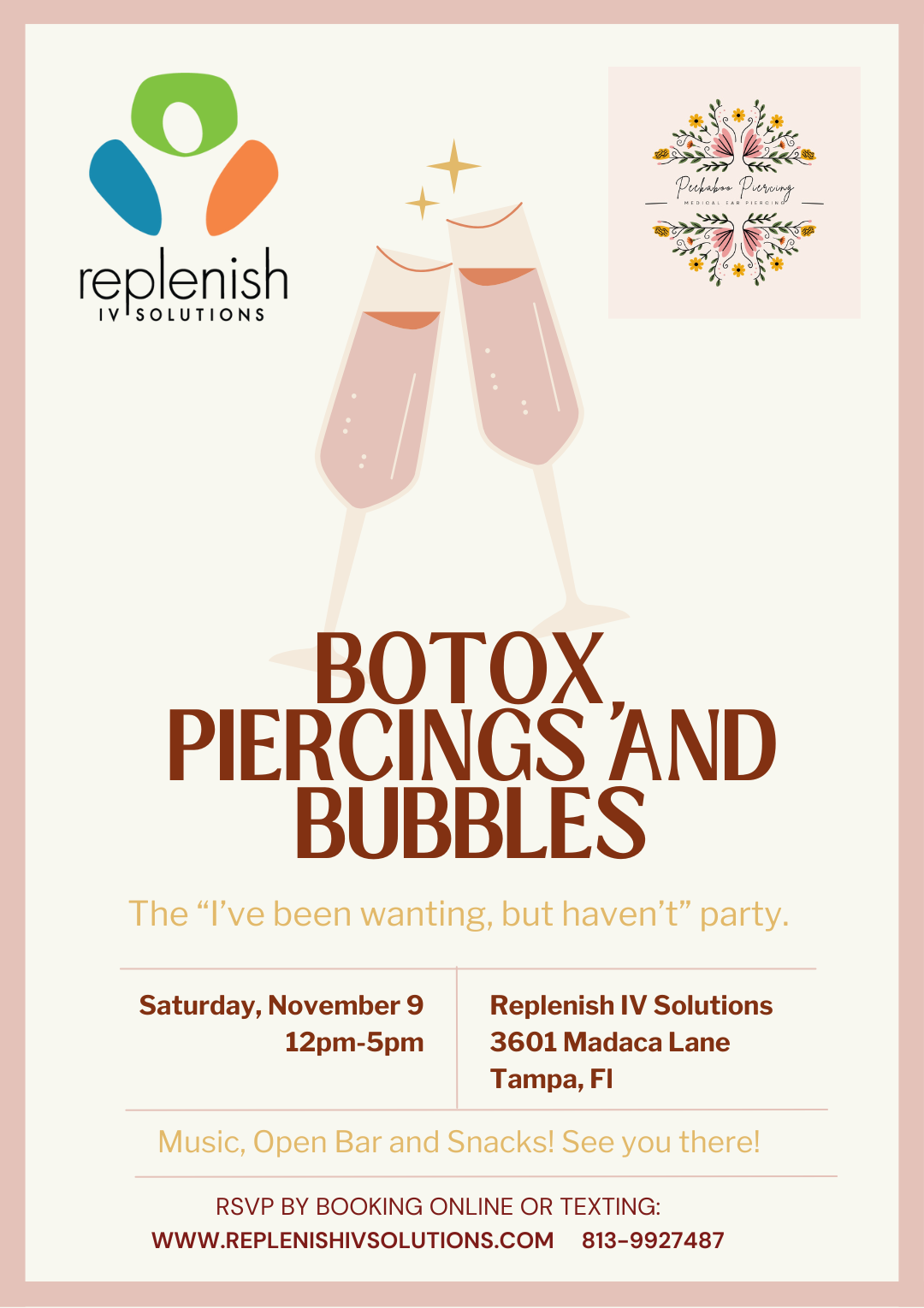 A poster for a botox piercings and bubbles party.