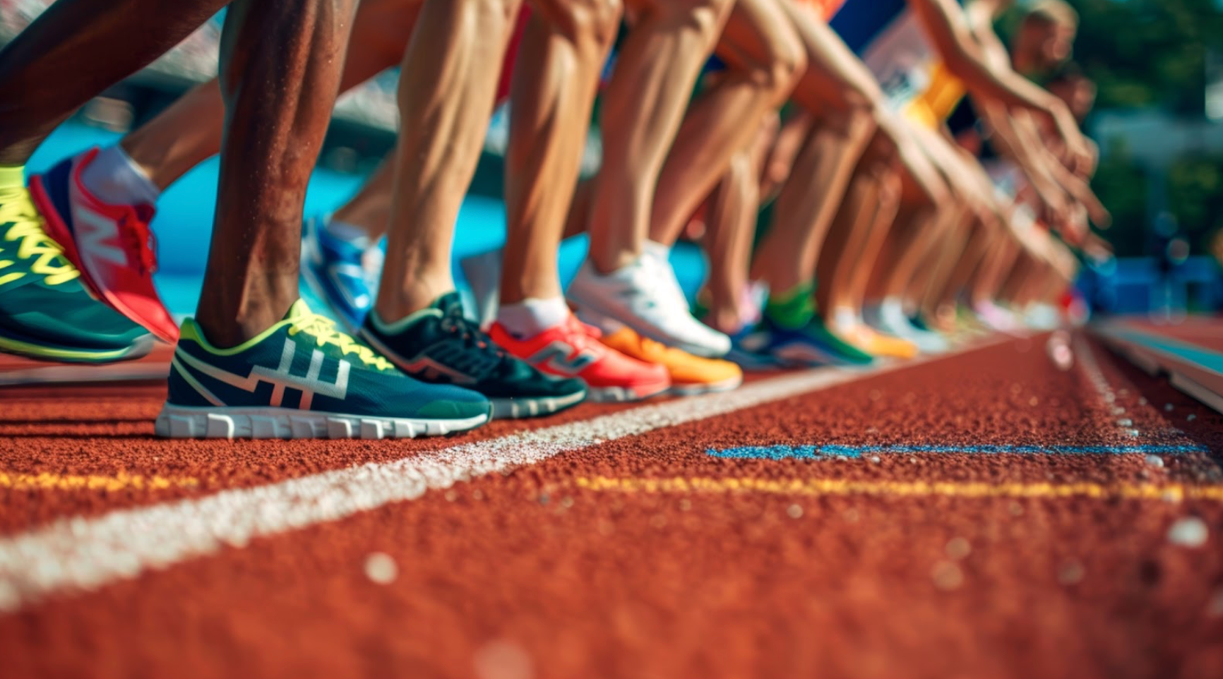 Athletes line up at the starting blocks on a red track, wearing colorful running shoes and ready to race.