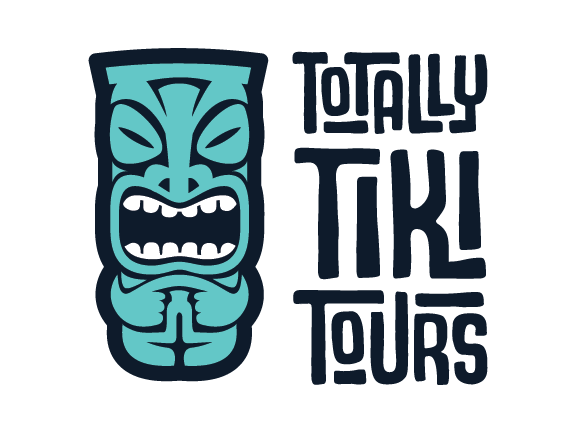a logo for totally tiki tours with a tiki on it