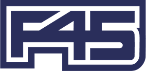 a blue and white logo for a company called f45