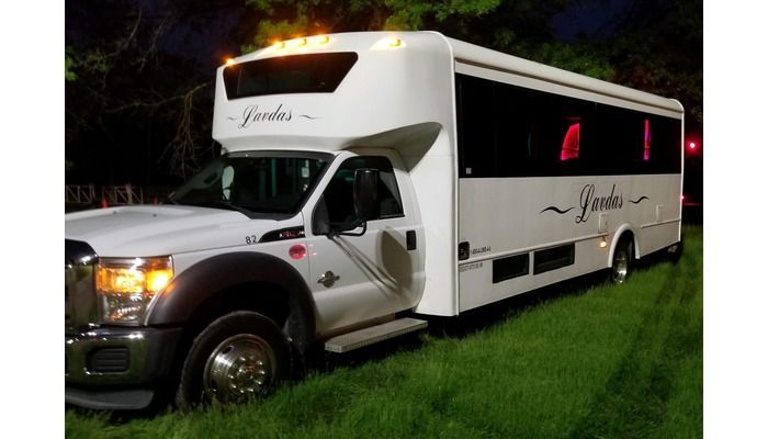 A white bus is parked in the grass at night.