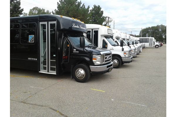 A row of buses are parked in a parking lot