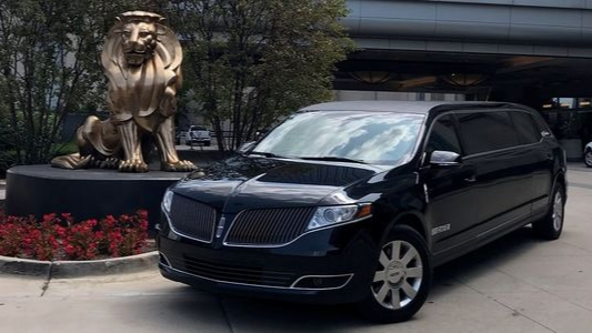 A black limousine is parked in front of a statue of a lion.
