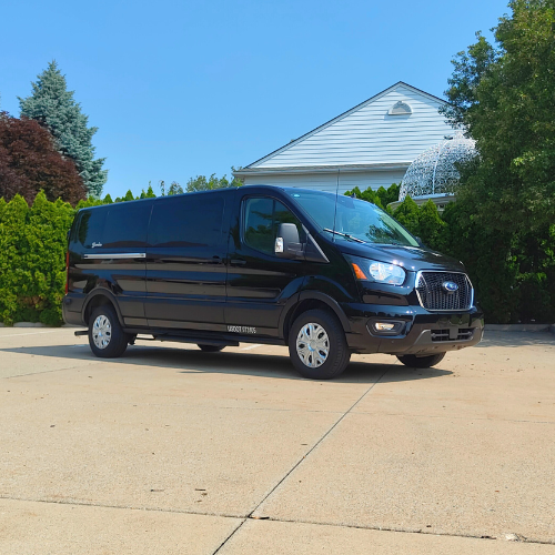 Dark blue Ford Expedition parked in an asphalt lot, trees in the background.