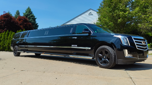 A black limousine is parked in front of a statue of a lion