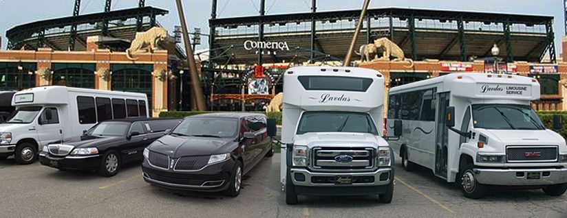 A row of limousines and buses are parked in front of a stadium
