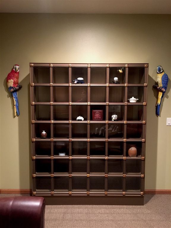 A large brown grid-like display case on a wall with decorative parrots on either side.