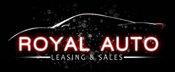 A logo for royal auto leasing and sales with a car in the background