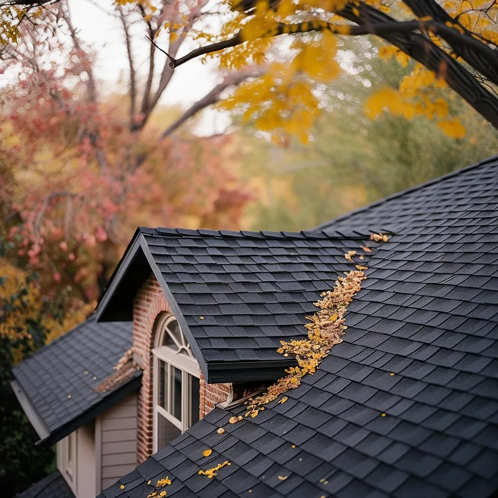 A house with a black roof and yellow leaves on it.
