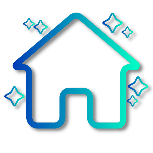 A blue and green icon of a house with stars around it