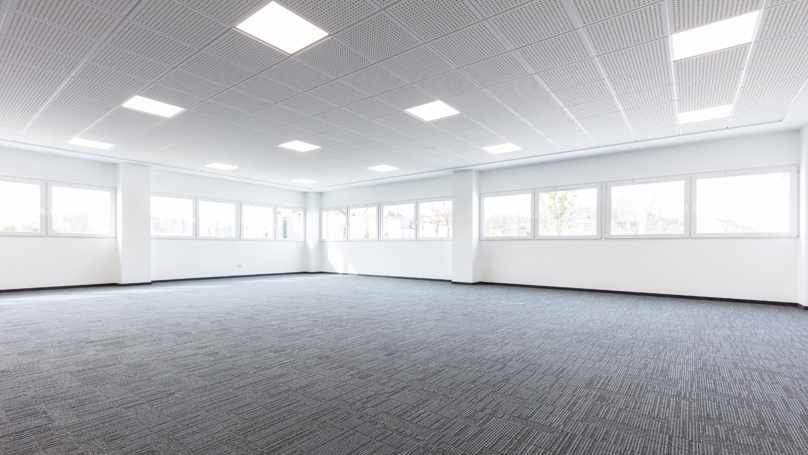 an empty room with a lot of windows and a carpeted floor .