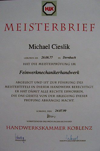 Michael Cieslik Meisterbrief