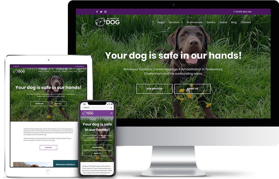 A computer , tablet , and cell phone are displaying a website that says your dog is safe in our hands.