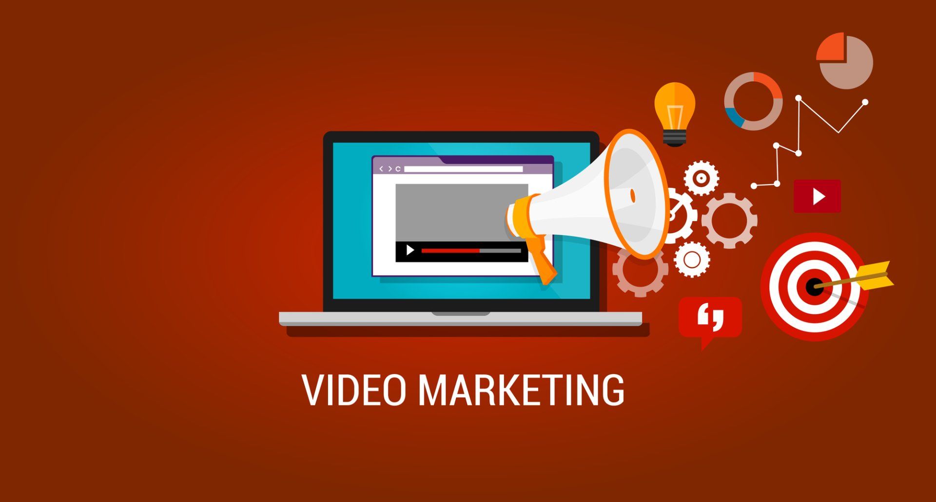 A laptop with a megaphone coming out of it and the words video marketing below it