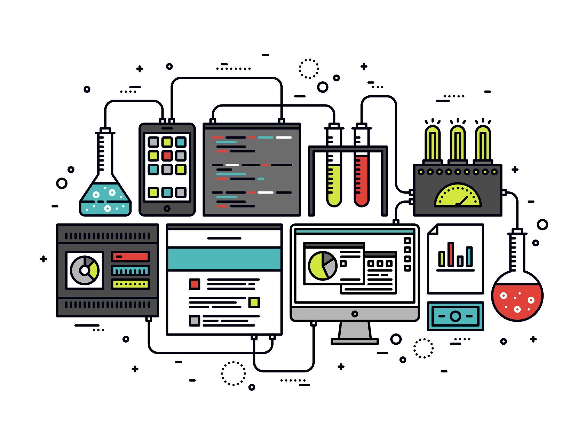 A cartoon illustration of a laboratory with a computer , cell phone , and test tubes.