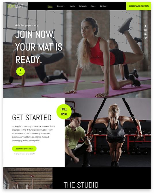 A screenshot of a website for a gym that says join now your mat is ready