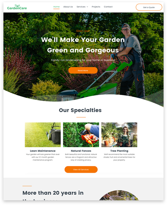 A lawn mower is on a website that says we 'll make your garden green and gorgeous